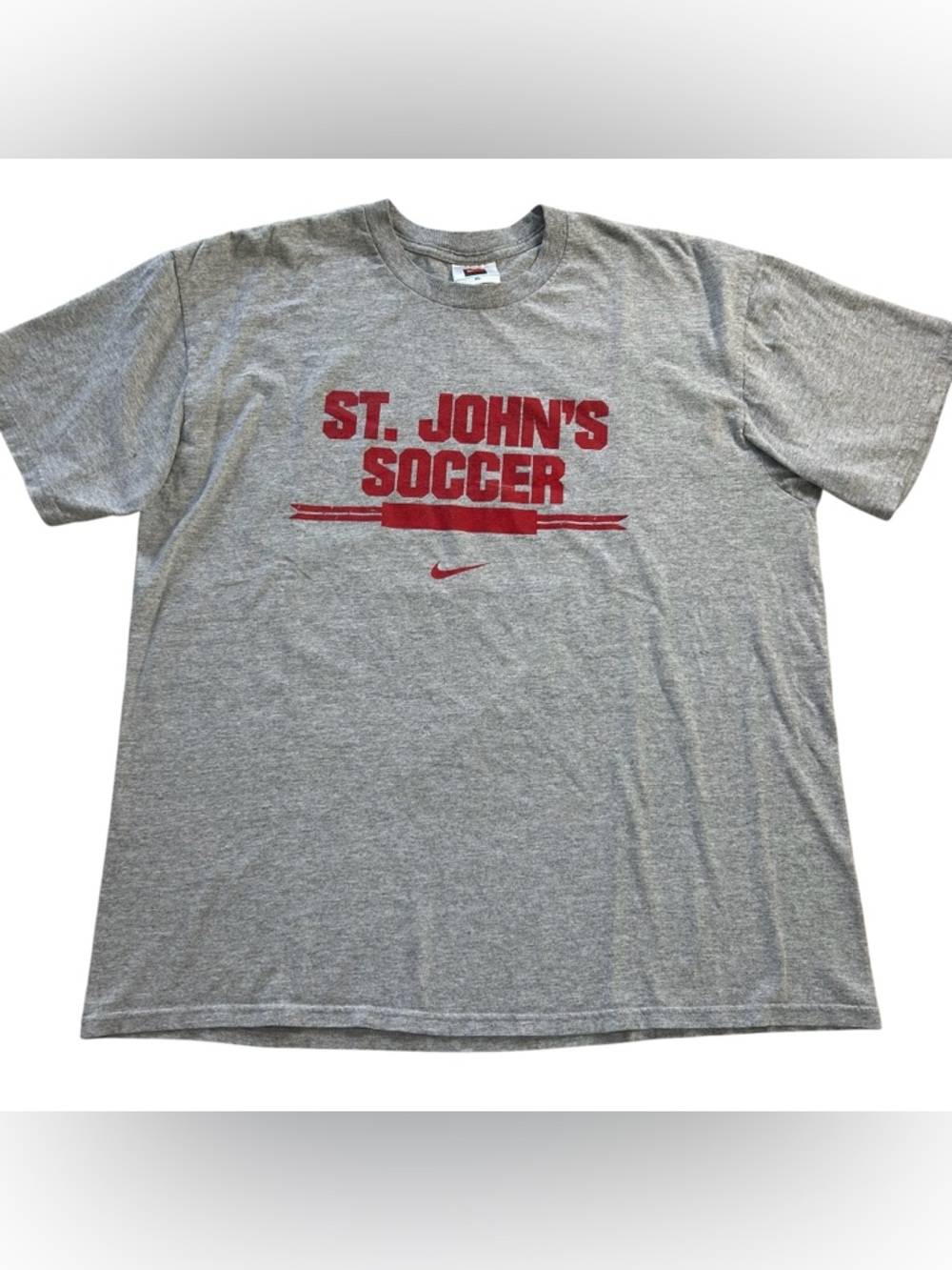Vintage 90s Nike St. Johns Red Storm Men’s Soccer T-Shirt XL Gray Center Swoosh